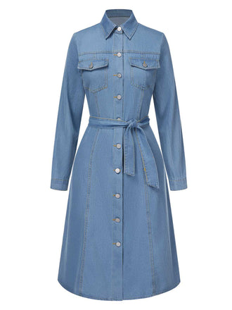 She slips into this Light Blue 1940s Lapel Denim Belted Dress and suddenly it's a 1940s daydream