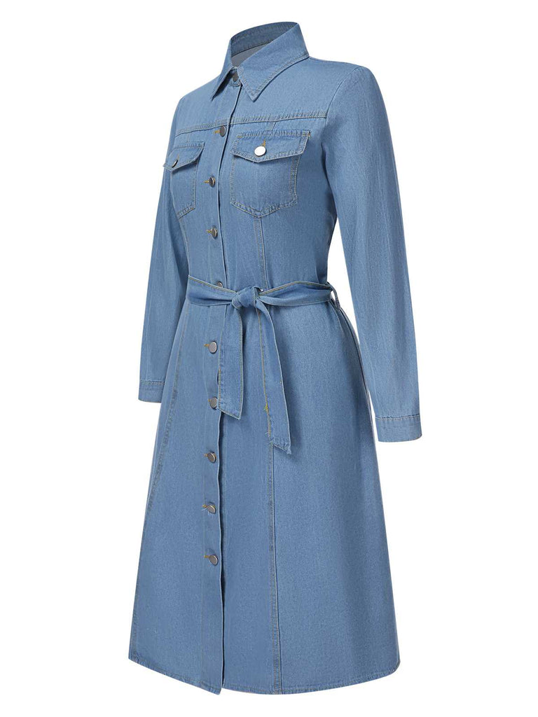 Light Blue 1940s Lapel Denim Belted Dress: where 1940s romance meets her modern spirit