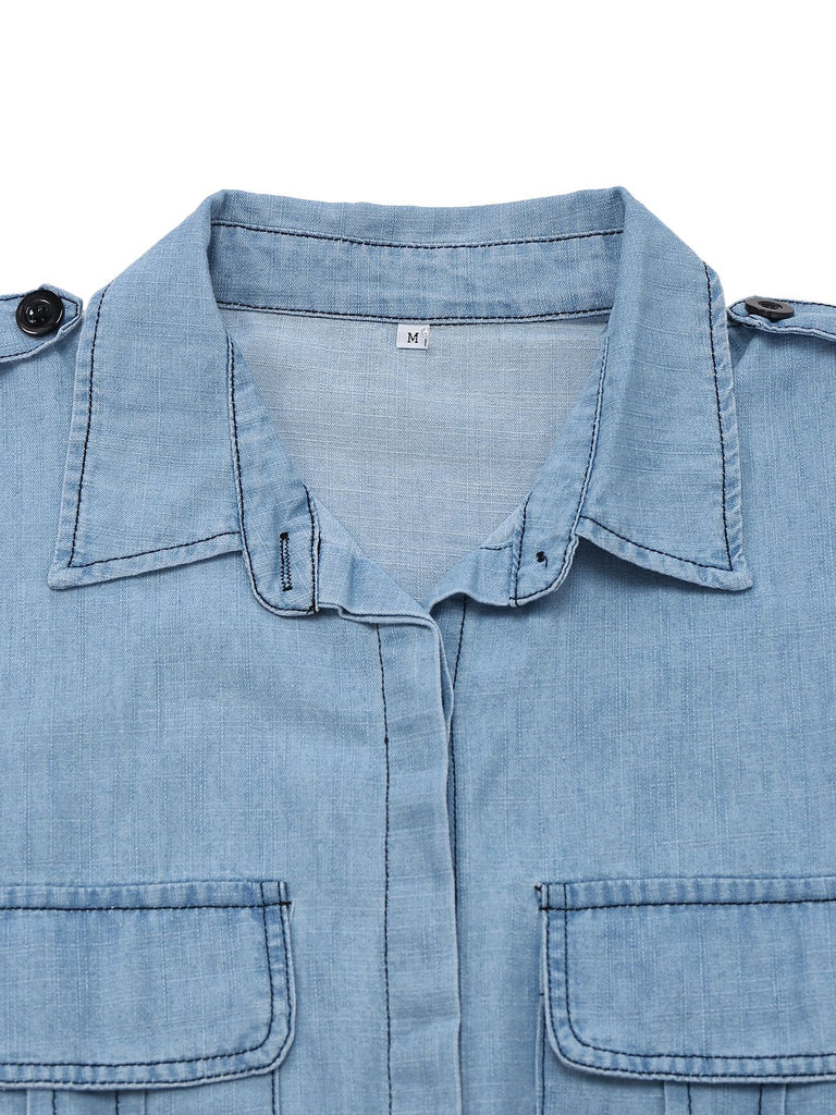 Light Blue 1950s Denim Button Lapel Romper - vintage jumpsuit, retro fashion
