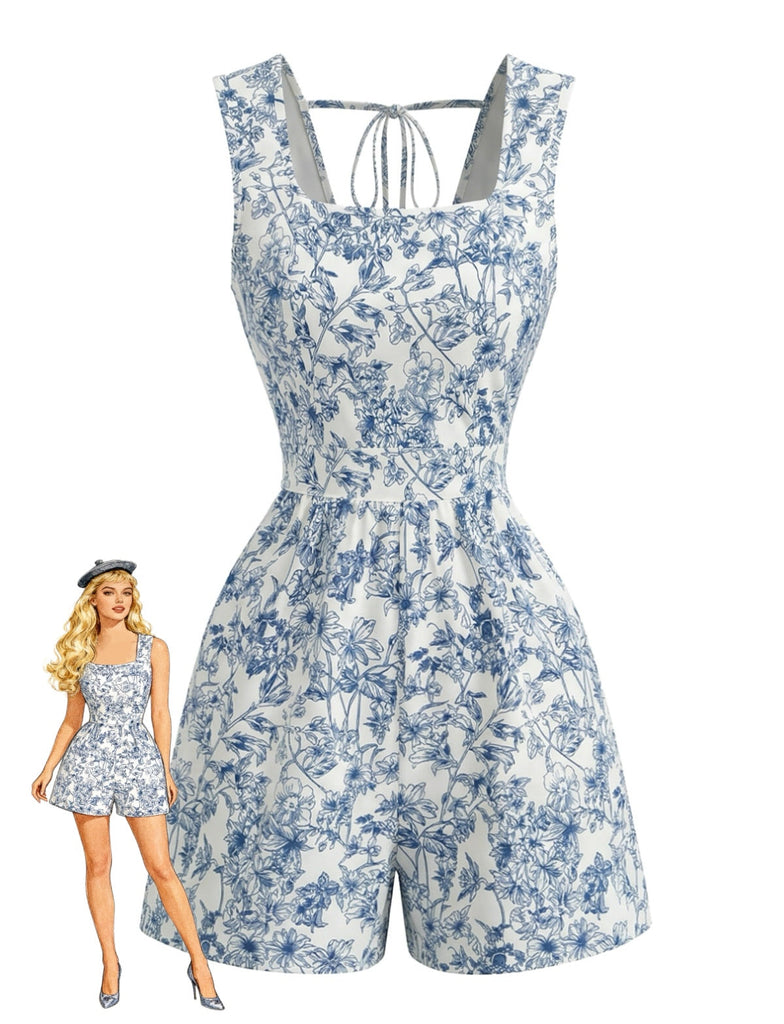 Blue 1950s Floral Square Neck Sleeveless Romper - vintage romper, retro jumpsuit for vintage lovers