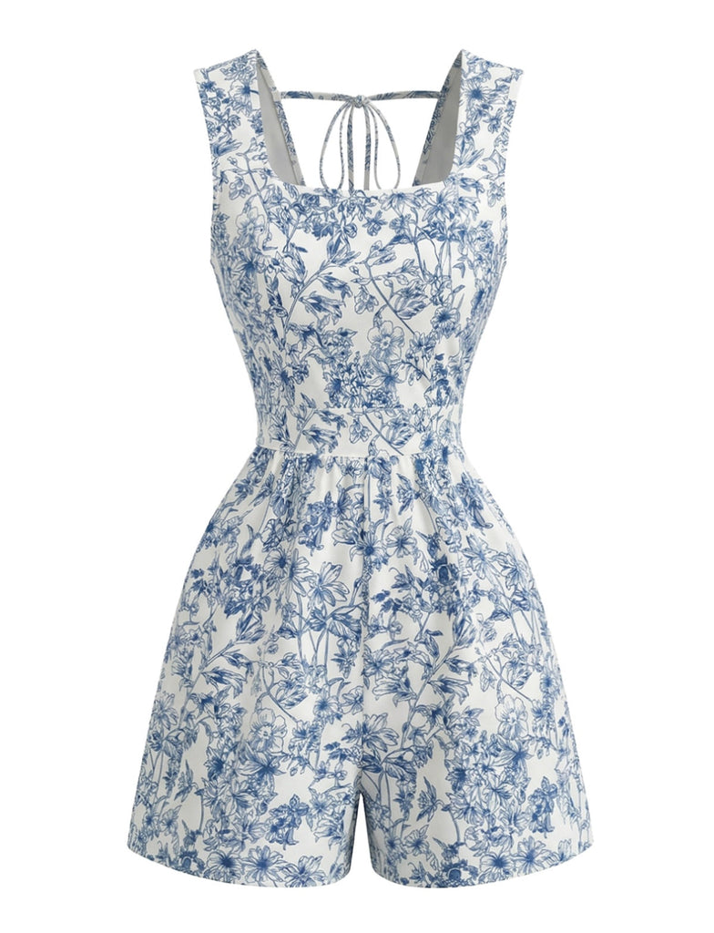 Blue 1950s Floral Square Neck Sleeveless Romper - vintage romper, retro jumpsuit for vintage lovers