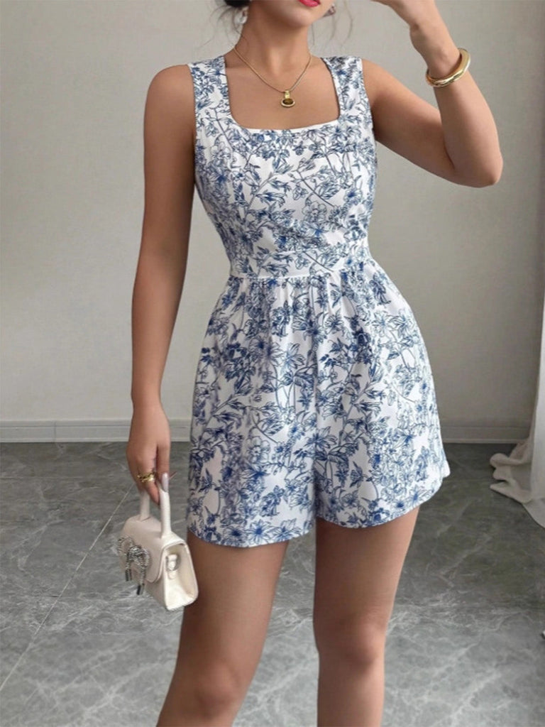 Blue 1950s Floral Square Neck Sleeveless Romper - vintage romper, retro jumpsuit for vintage lovers