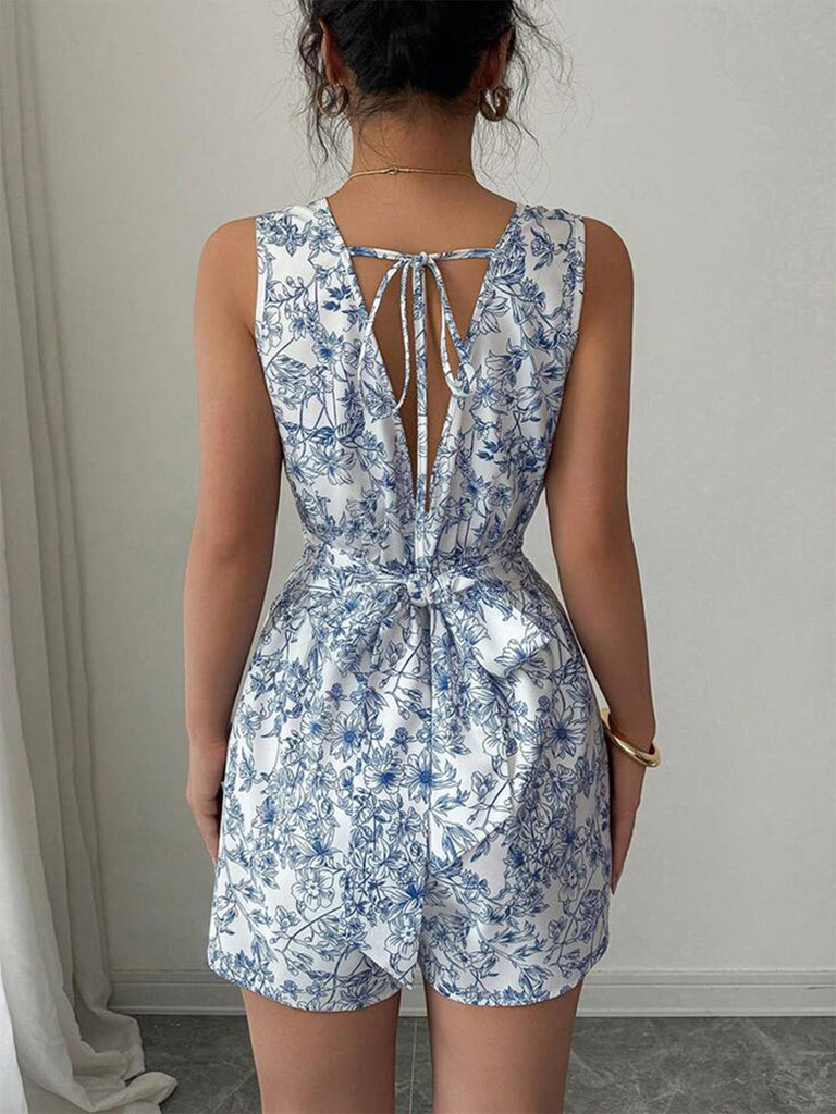 Blue 1950s Floral Square Neck Sleeveless Romper - vintage romper, retro jumpsuit for vintage lovers