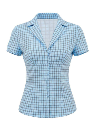 Light Blue 1950s Grid Check Lapel Collar Blouse - vintage fashion, retro style