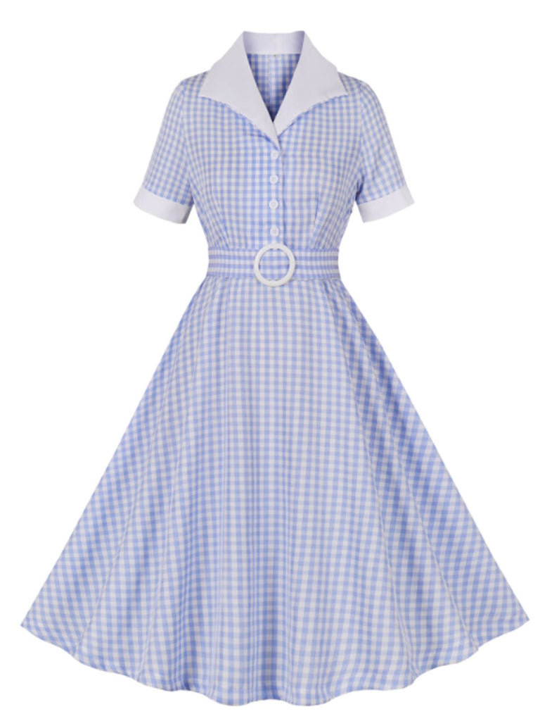 She slips into this Light Blue 1950s Plaid Belt Lapel Dress and suddenly it's a 1950s daydream