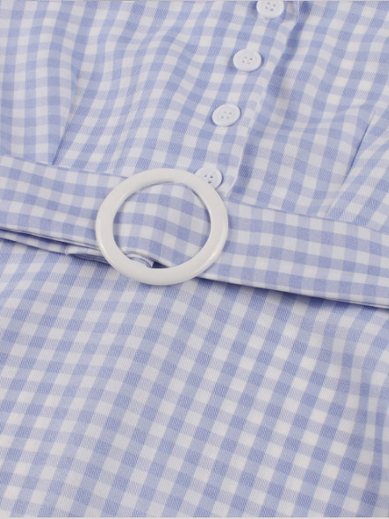 Light Blue 1950s Plaid Belt Lapel Dress — a 1950s silhouette that turns sidewalks into runways