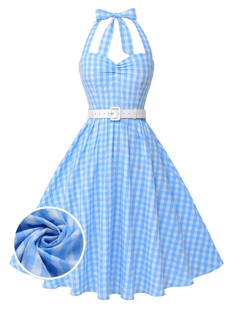 [Pre-Sale] Light Blue 1950s Plaid Halter Swing Dress, vintage dress, retro fashion, rockabilly, pin-up fashion - perfect for women who love vintage and retro fashion