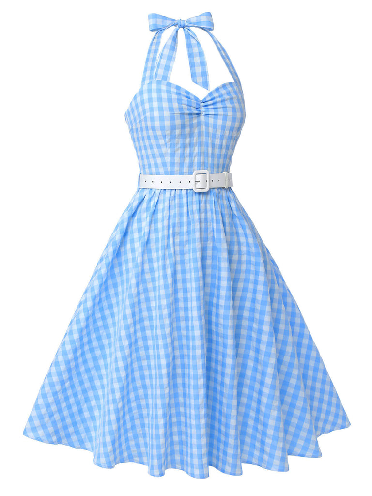 [Pre-Sale] Light Blue 1950s Plaid Halter Swing Dress, vintage dress, retro fashion, rockabilly, pin-up fashion - perfect for women who love vintage and retro fashion