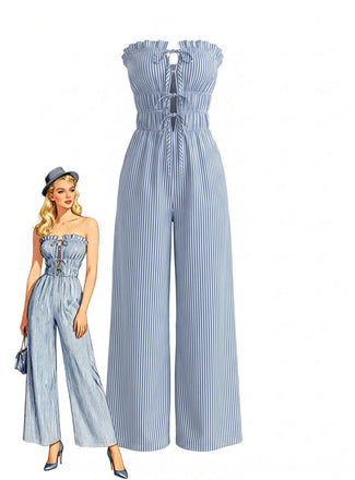Light-Blue-1950s-Strapless-Tie-Front-Stripe-Jumpsuit, vintage, retro, romper