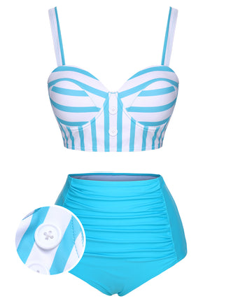Light Blue 1950s Stripe Strap Swimsuit, vintage swimsuit, pin-up swimwear - perfect for women who love vintage and retro fashion