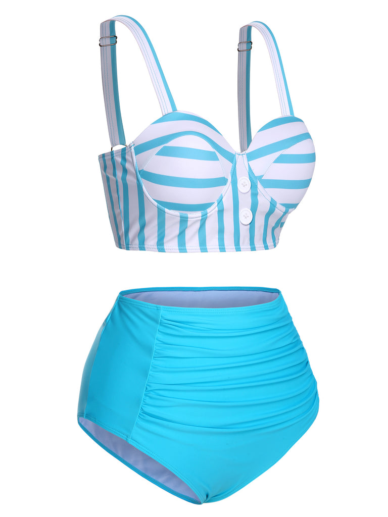 Light Blue 1950s Stripe Strap Swimsuit, vintage swimsuit, pin-up swimwear - perfect for women who love vintage and retro fashion
