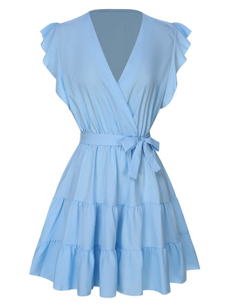 She slips into this Light Blue 1950s V-Neck Ruffle Sleeves Dress and suddenly it's a 1950s daydream