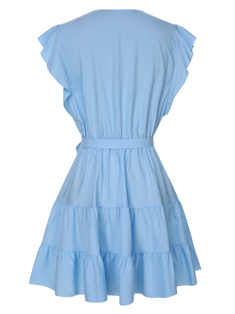 Light Blue 1950s V-Neck Ruffle Sleeves Dress, vintage dress, retro fashion, rockabilly, pin-up fashion - perfect for women who love vintage and retro fashion