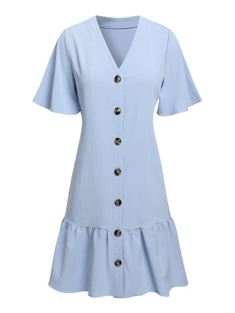 She slips into this Light Blue 1970s V-Neck Ruffle Hem Dress and suddenly it's a 1970s daydream