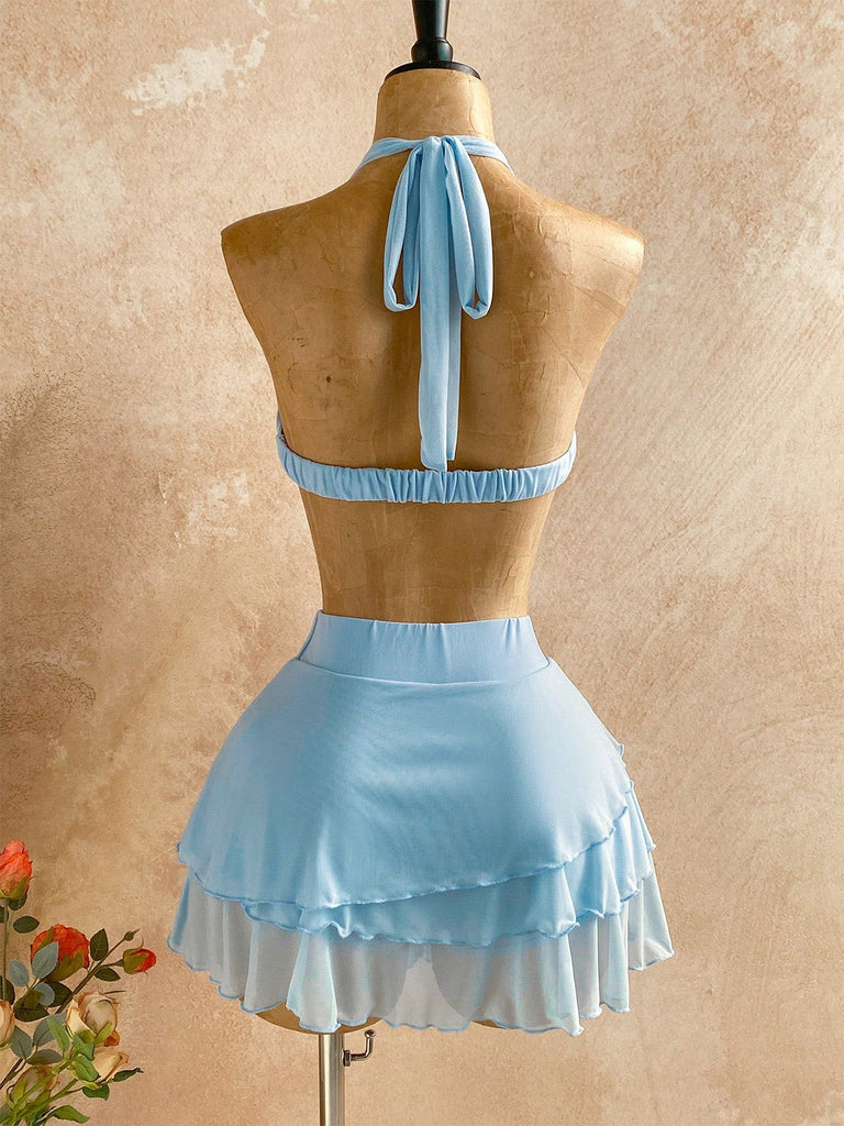 Light Blue 1980s Halter Backless Layered Skirt 2PCS, vintage skirt, retro style - perfect for women who love vintage and retro fashion