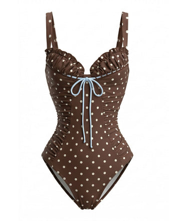 [Pre-Sale] Light Coffee 1960s Polka Dot Colorblock Swimsuit, vintage swimsuit, pin-up swimwear - perfect for women who love vintage and retro fashion