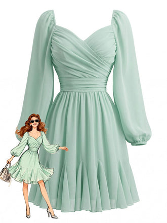Light Green 1950s Chiffon Lantern Sleeve Ruffled Dress - vintage dress, retro fashion, rockabilly, pin-up fashion for vintage lovers