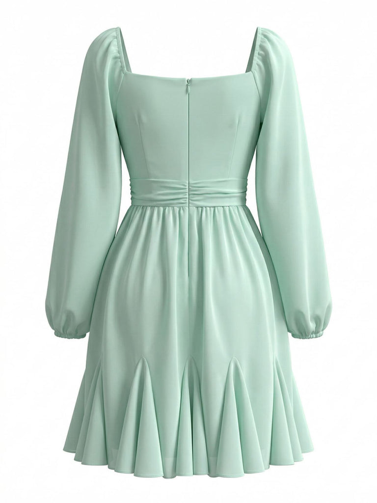 Light Green 1950s Chiffon Lantern Sleeve Ruffled Dress - vintage dress, retro fashion, rockabilly, pin-up fashion for vintage lovers