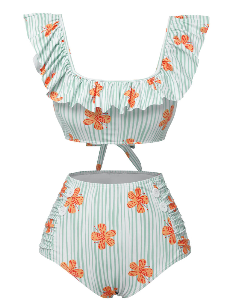 Light Green 1950s Floral Stripe Ruffle Swimsuit, vintage swimsuit, pin-up swimwear, retro beach style, women, elegant