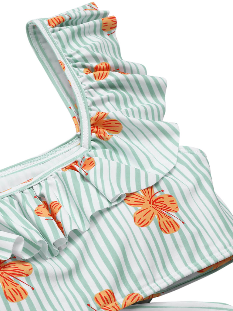 Light Green 1950s Floral Stripe Swimsuit & Skirt Cover-Up: 1950s Riviera elegance, reimagined for her