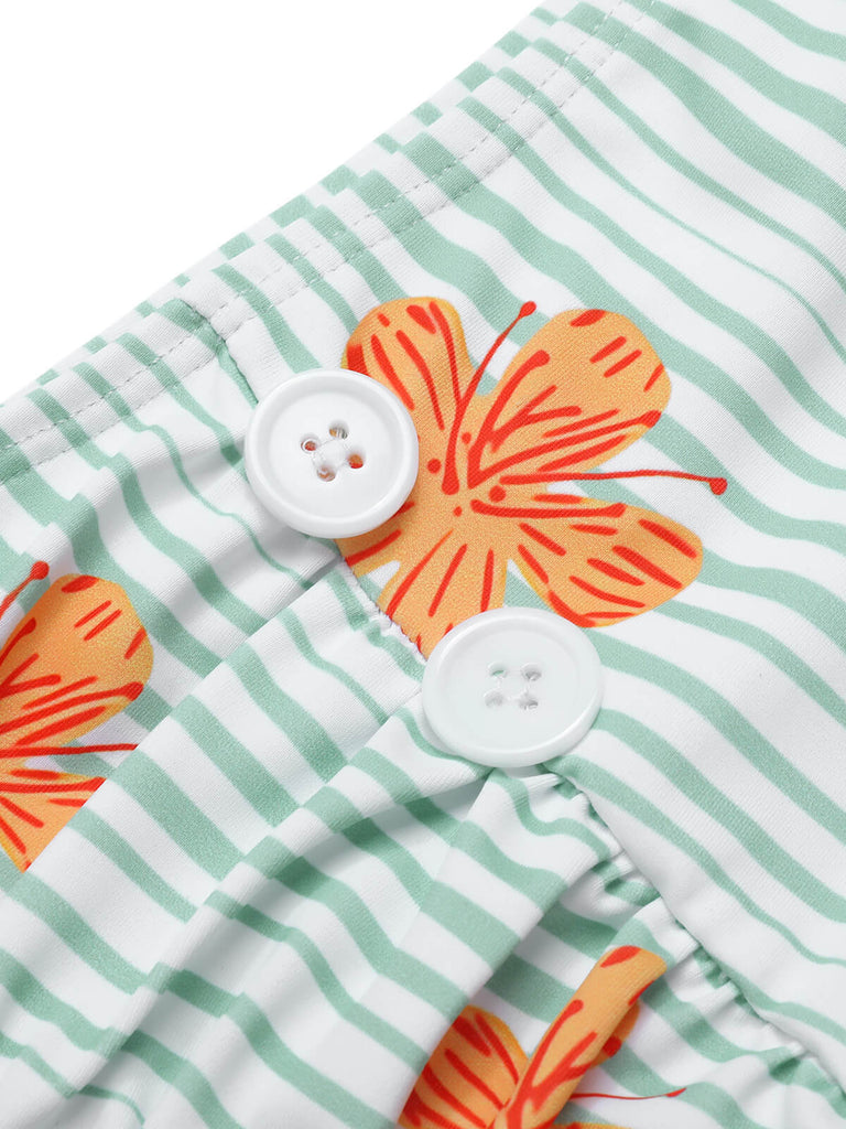 Light Green 1950s Floral Stripe Swimsuit & Skirt Cover-Up — because 1950s glamour never goes out of style