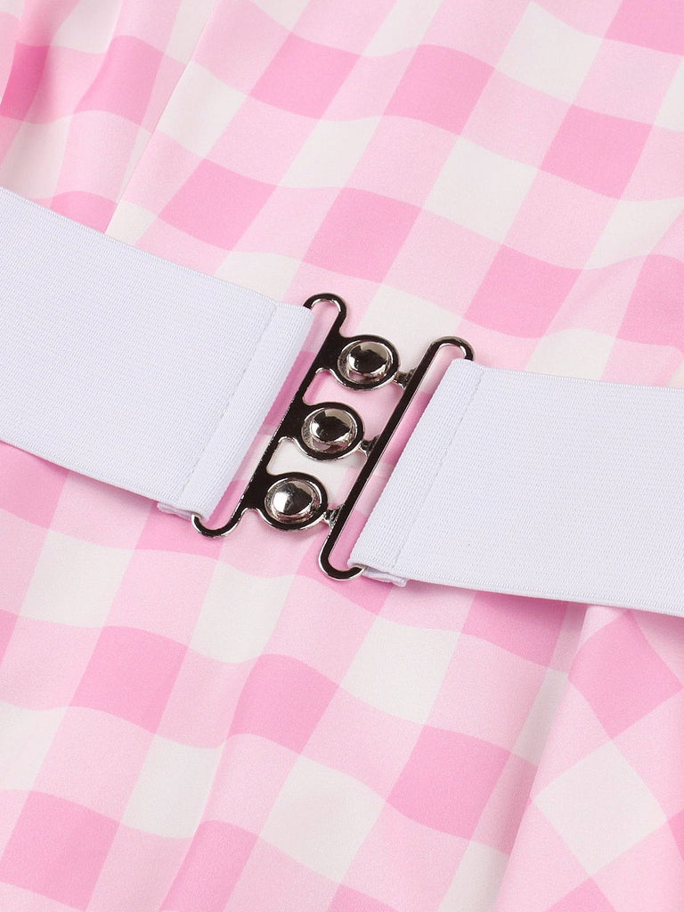 This Light Pink 1950s Halter Plaids Belted Dress wraps her in 1950s elegance, one twirl at a time