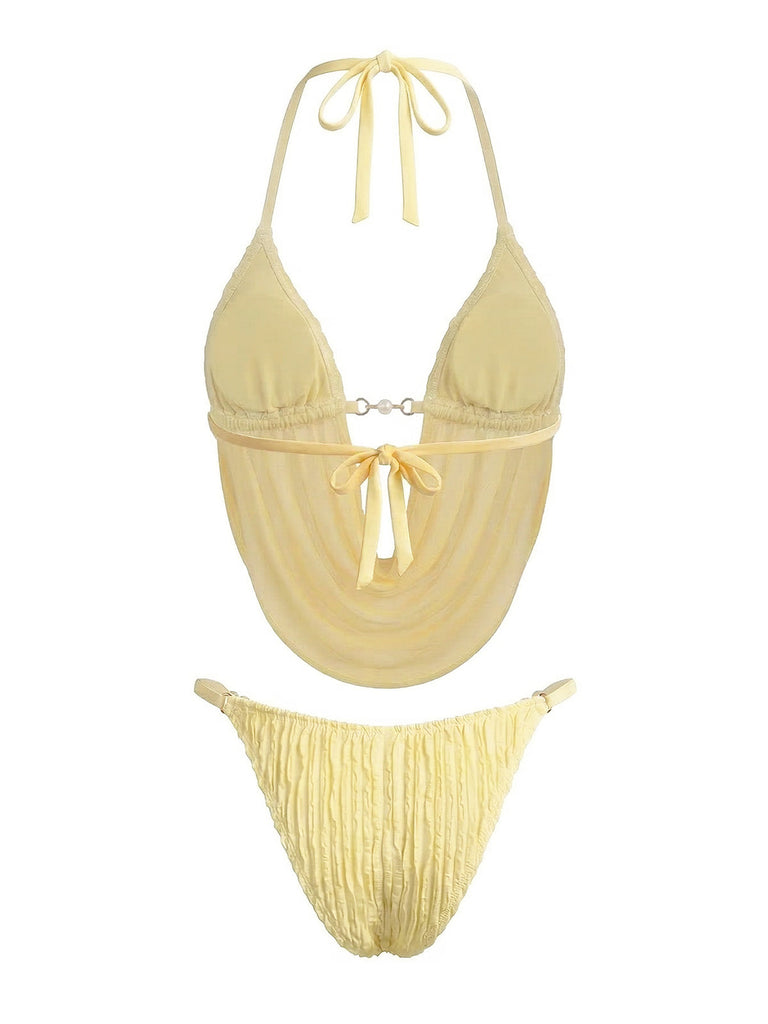 Light Yellow 1980s Sheer Halter Ruched Bikini Set | vintage swimwear, retro swimsuit, pin-up style - perfect for retro fashion enthusiasts
