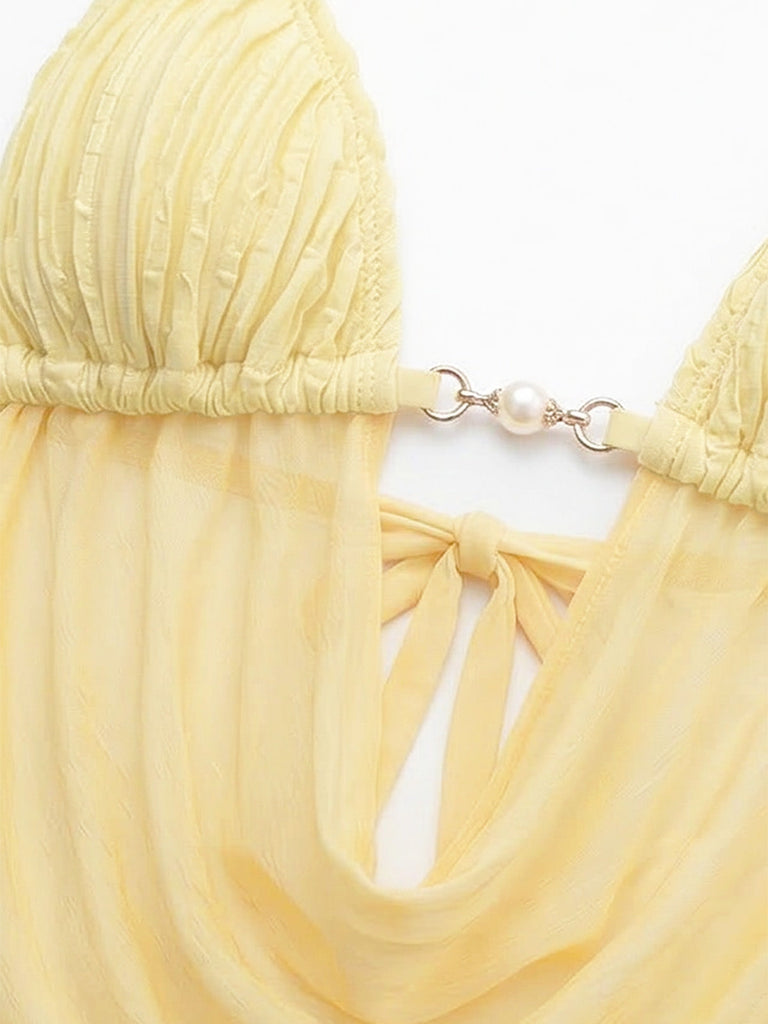 Light Yellow 1980s Sheer Halter Ruched Bikini Set | vintage swimwear, retro swimsuit, pin-up style - perfect for retro fashion enthusiasts