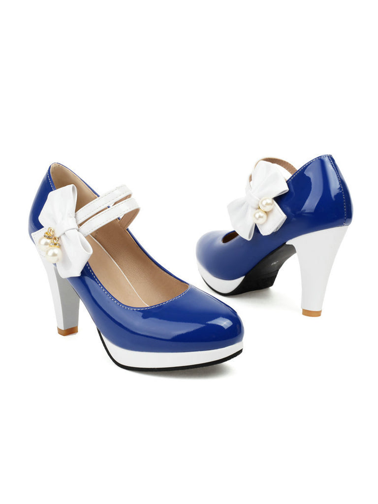 She finds her vintage story in this Mary Jane Color Block Side Bow High Heel Shoes