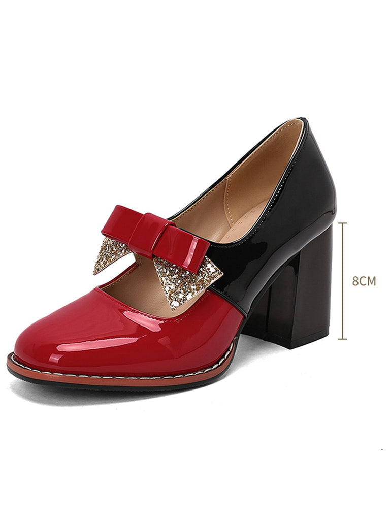 Mary Jane Colorblock Glitter Bowknot Chunky Heels - vintage shoes, retro heels