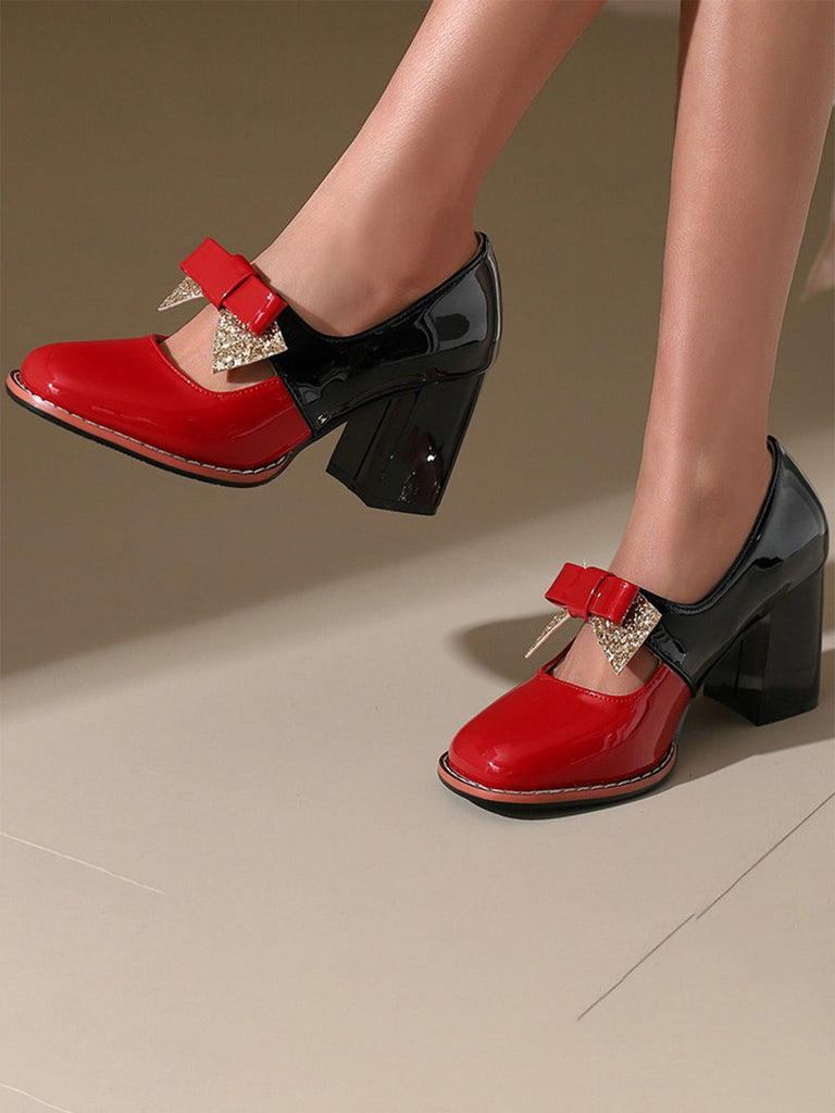 Mary Jane Colorblock Glitter Bowknot Chunky Heels - vintage shoes, retro heels