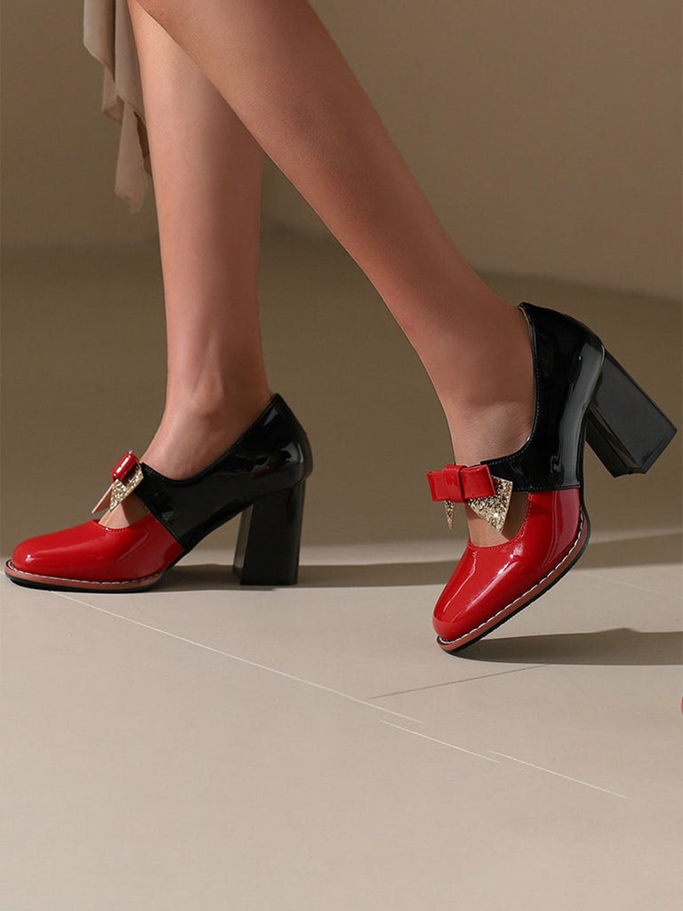 Mary Jane Colorblock Glitter Bowknot Chunky Heels - vintage shoes, retro heels