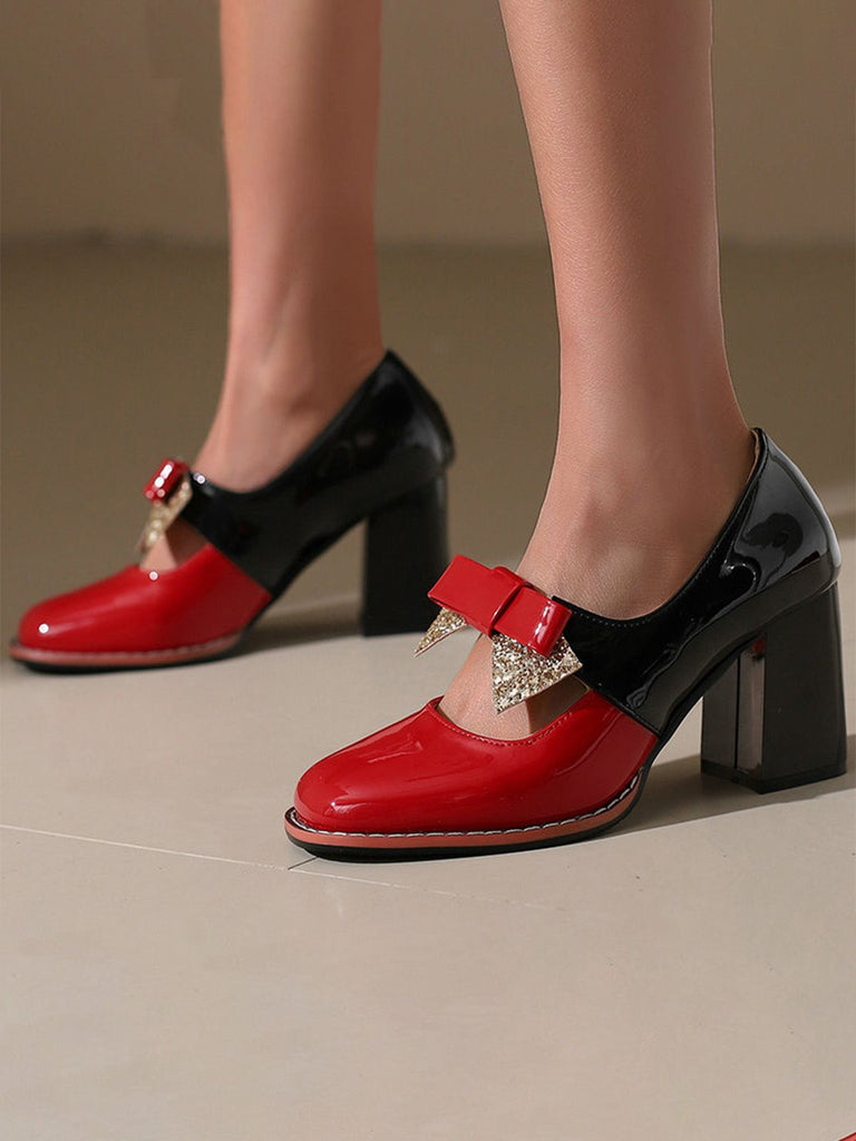 Mary Jane Colorblock Glitter Bowknot Chunky Heels - vintage shoes, retro heels