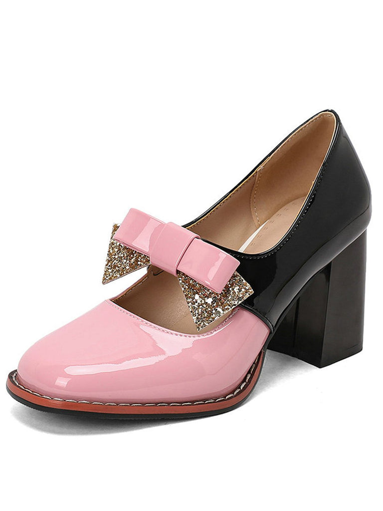 Mary Jane Colorblock Glitter Bowknot Chunky Heels - vintage shoes, retro heels