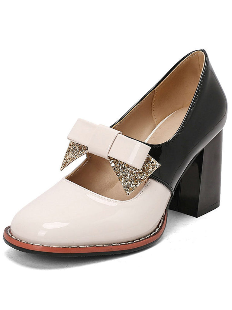 Mary Jane Colorblock Glitter Bowknot Chunky Heels - vintage shoes, retro heels