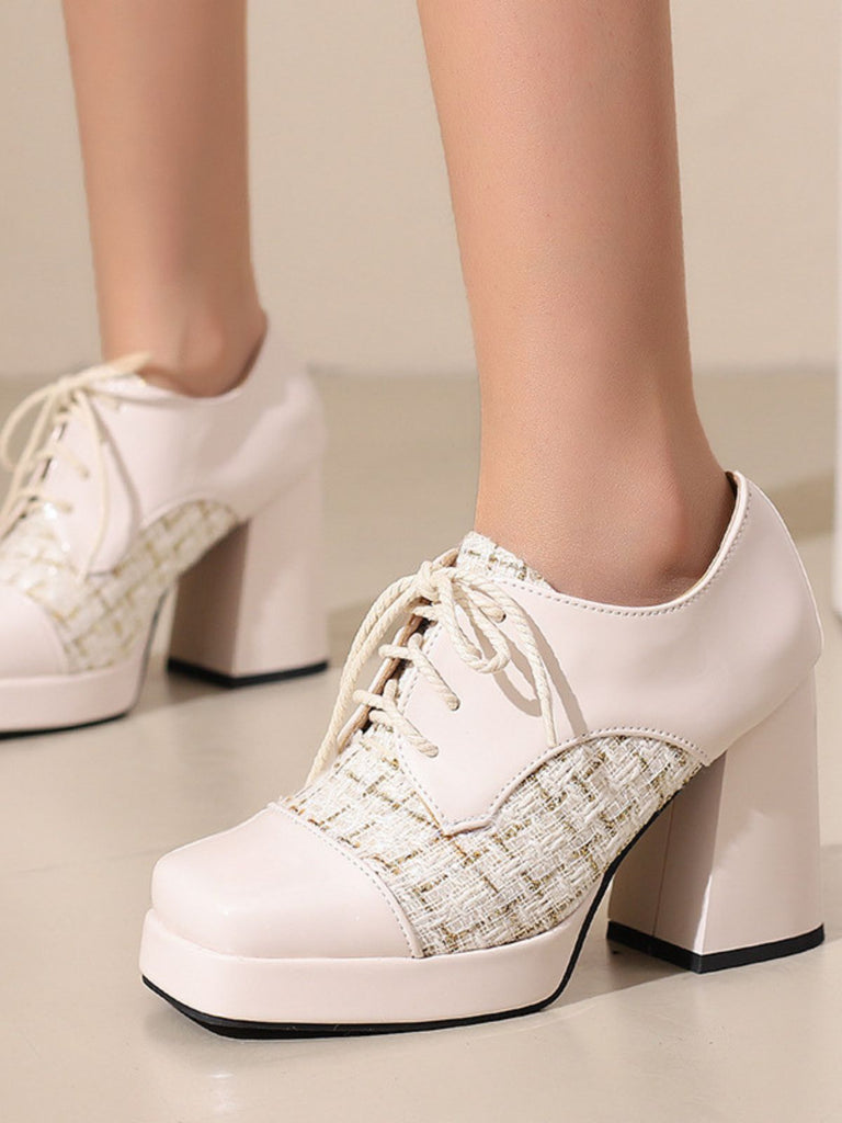 Mary Jane Plaid Square Toe Block Heel Shoes - vintage shoes, retro heels