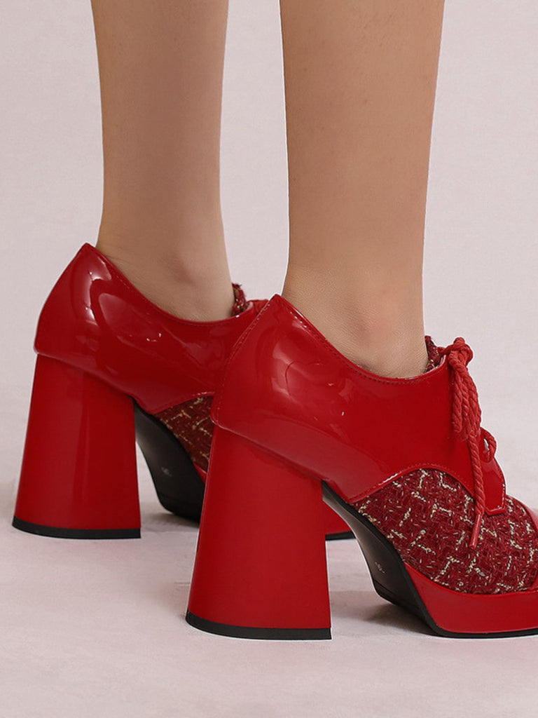 Mary Jane Plaid Square Toe Block Heel Shoes - vintage shoes, retro heels