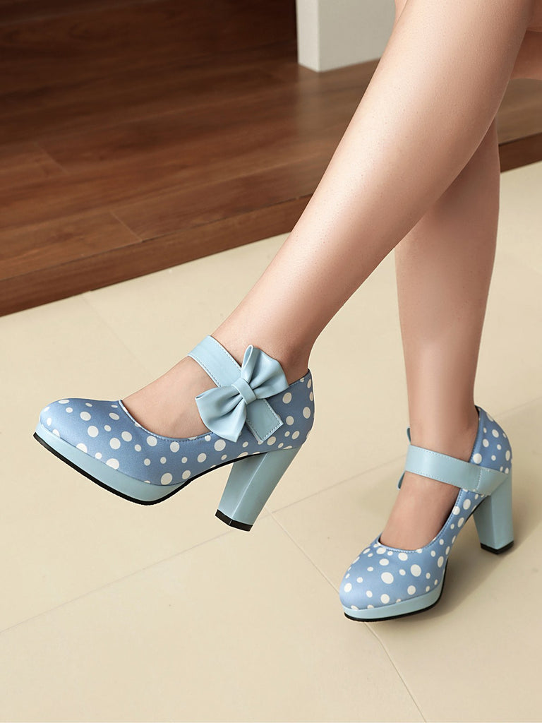 Mary Jane Polka Dots Bowknot Chunky Heels — vintage vintage charm for her modern wardrobe