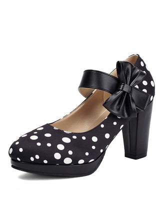 She finds her vintage story in this Mary Jane Polka Dots Bowknot Chunky Heels