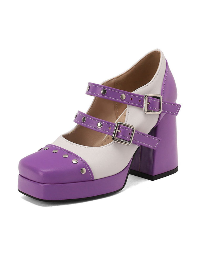 Mary Jane Studded Square Toe Block Heel Shoes - vintage shoes, retro heels