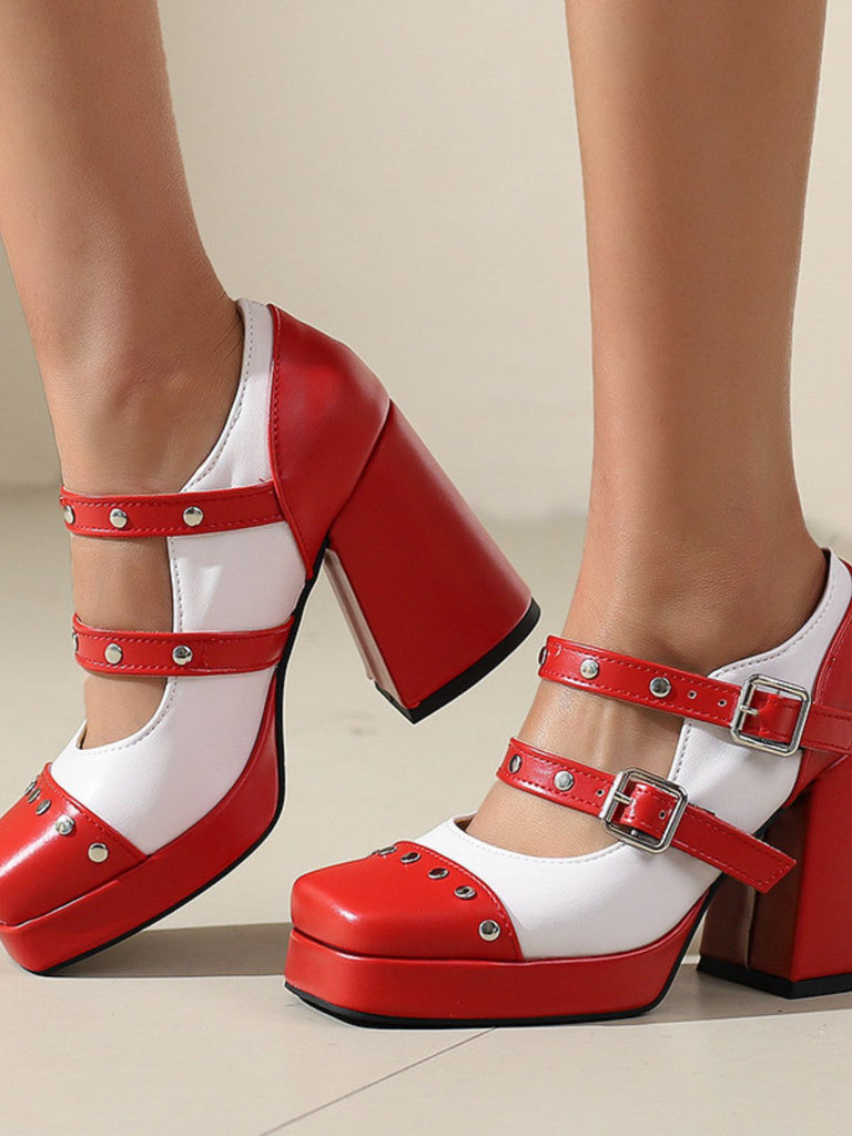 Mary Jane Studded Square Toe Block Heel Shoes - vintage shoes, retro heels