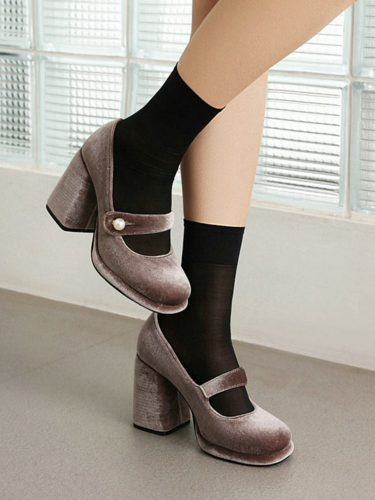 Mary Jane Velvet Pearl Button Chunky Heel Shoes - vintage shoes, retro heels
