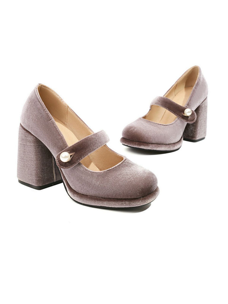 Mary Jane Velvet Pearl Button Chunky Heel Shoes - vintage shoes, retro heels