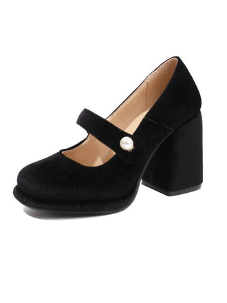 Mary Jane Velvet Pearl Button Chunky Heel Shoes - vintage shoes, retro heels