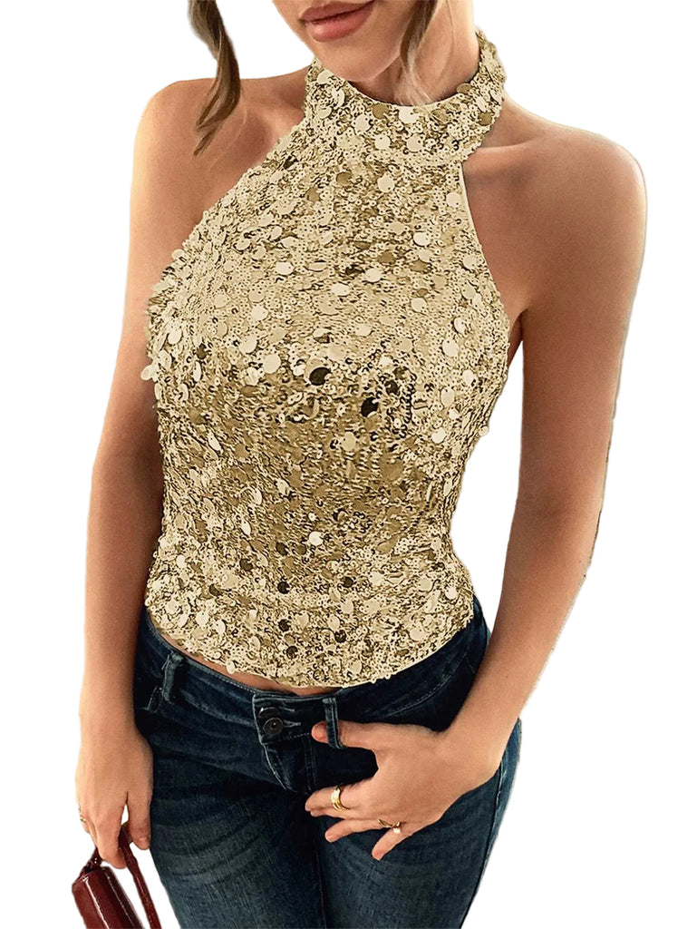 Metallic 1970s Halter Sequin Sleeveless Top - vintage fashion, retro style