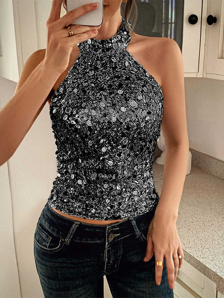 Metallic 1970s Halter Sequin Sleeveless Top - vintage fashion, retro style