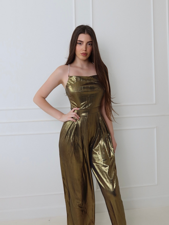 Metallic 1980s Cowl Neck Spaghetti Strap Jumpsuit - vintage jumpsuit, retro fashion