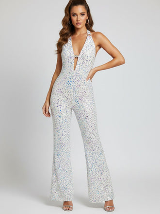Metallic 1980s Leopard Halter Deep-V Backless Jumpsuit, vintage romper, retro jumpsuit - perfect for women who love vintage and retro fashion