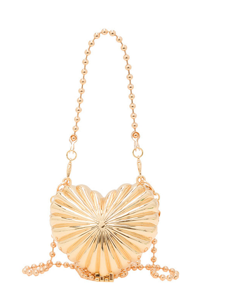 Metallic Ribbed Heart-Shaped Hard Shell Mini Bag - vintage fashion, retro style