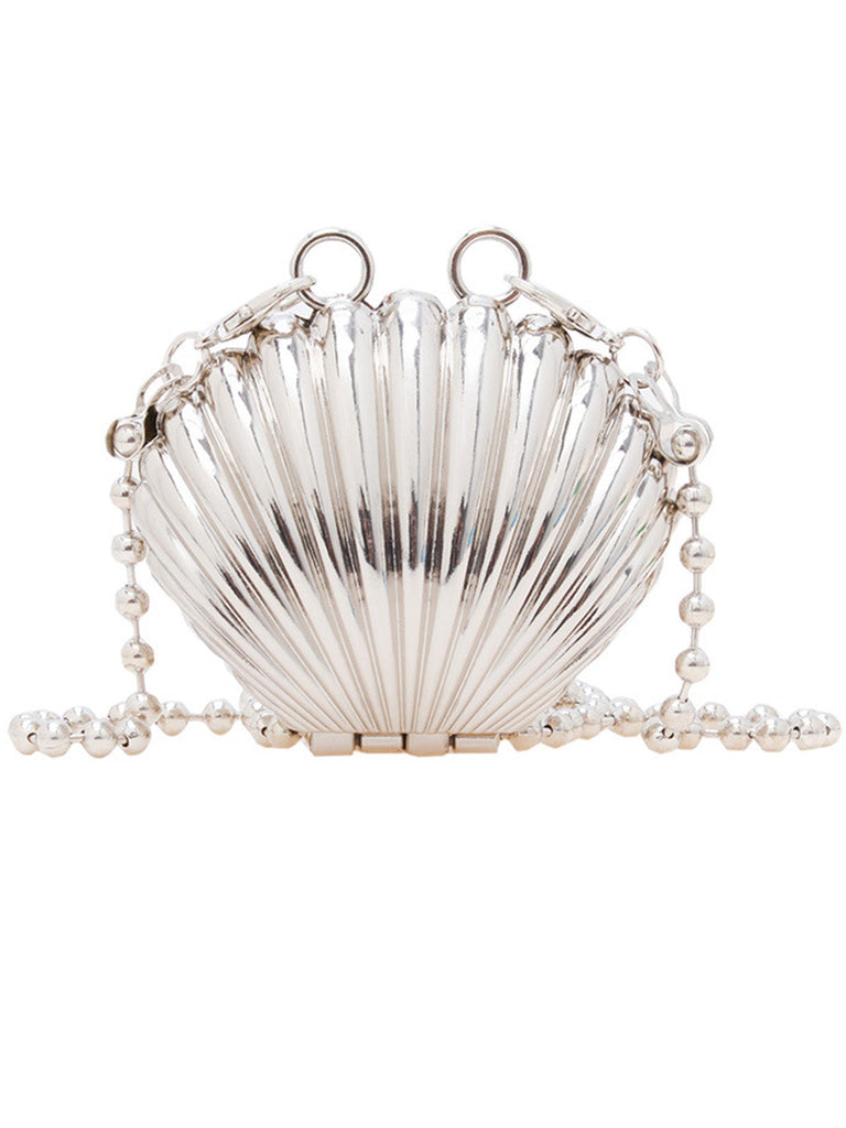 Metallic Shell-Shaped Beaded Chain Clutch Bag - vintage fashion, retro style
